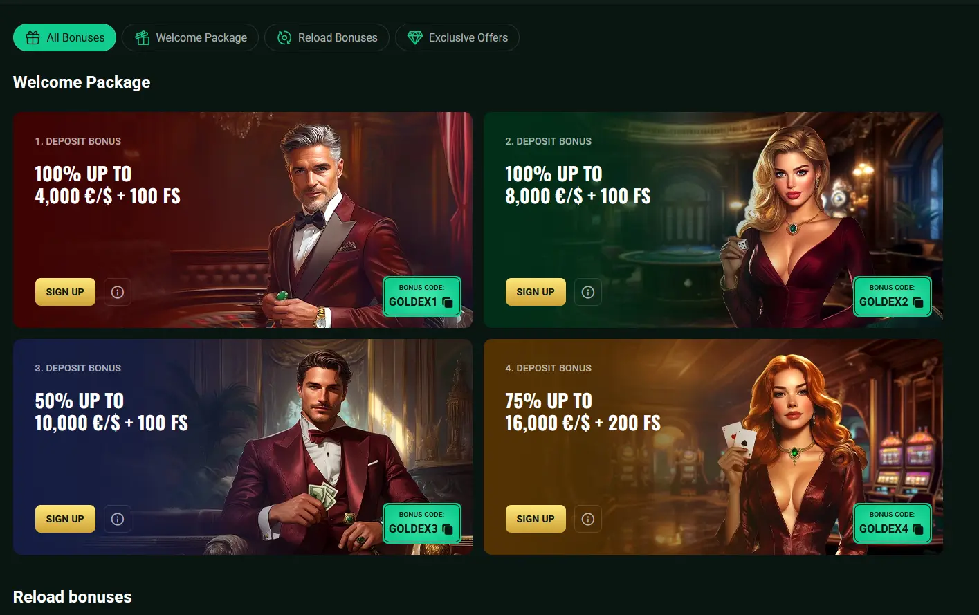 Goldex Casino Bonus – Willkommenspaket bis zu €6.000 und 300 Freispiele auf goldexonline.de